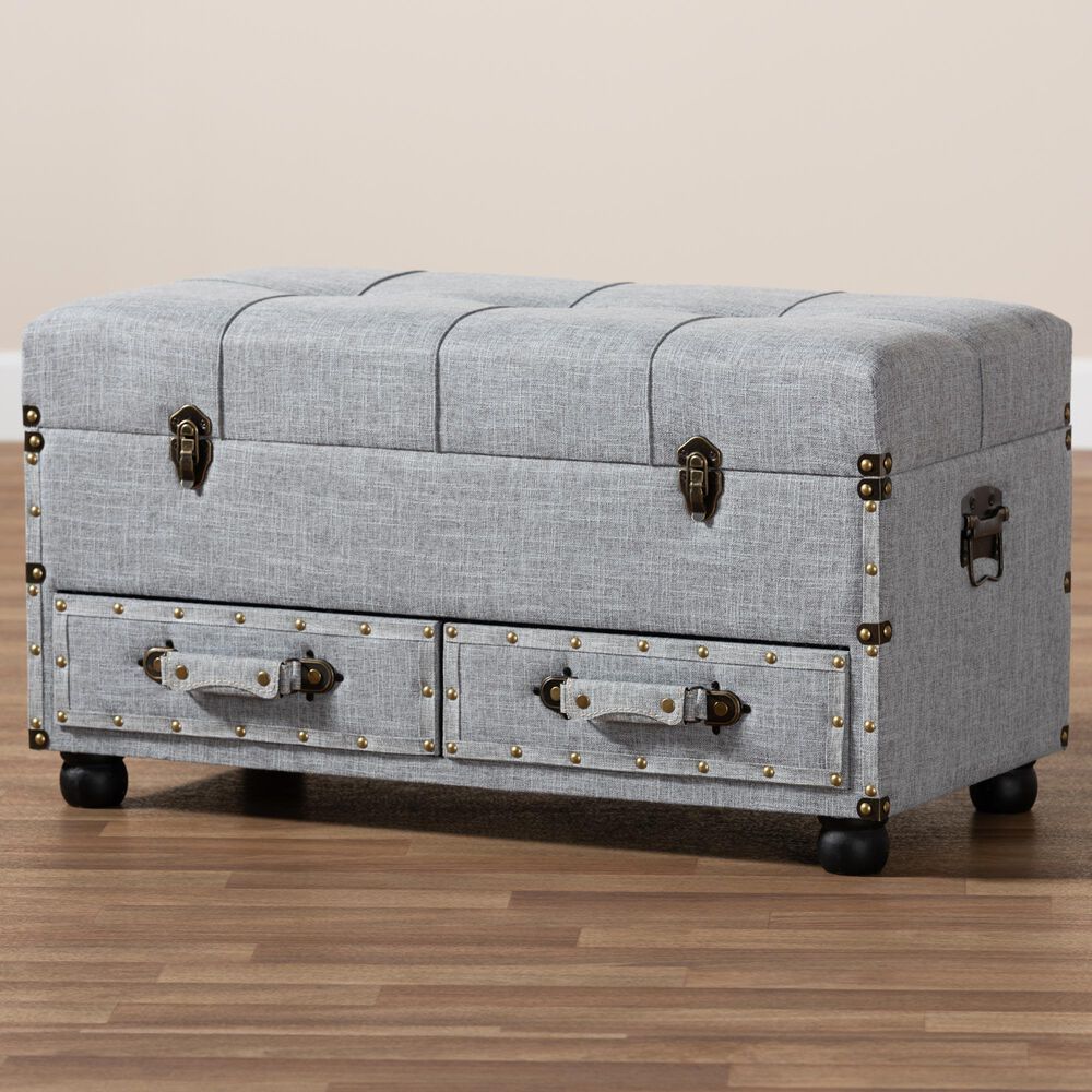 Baxton Studio Flynn 2-Drawer Storage Trunk Ottoman in Grey, , large