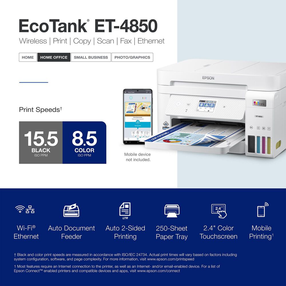 Epson EcoTank ET-4850 Wireless Color All-in-One Cartridge-Free Supertank Printer with Scanner, Copier, Fax, ADF and Ethernet, , large