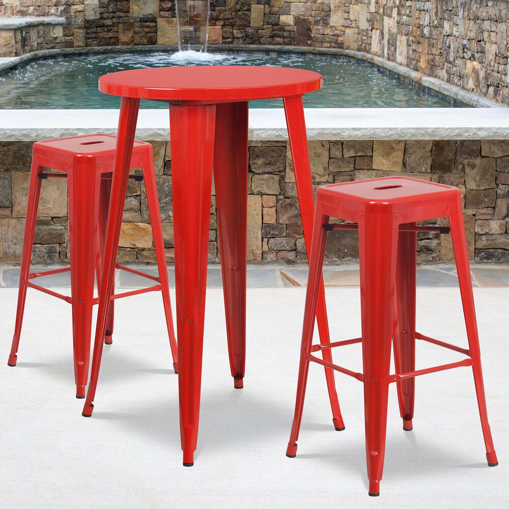 Flash Furniture 3-Piece Metal Bar Table Set in Red, , large