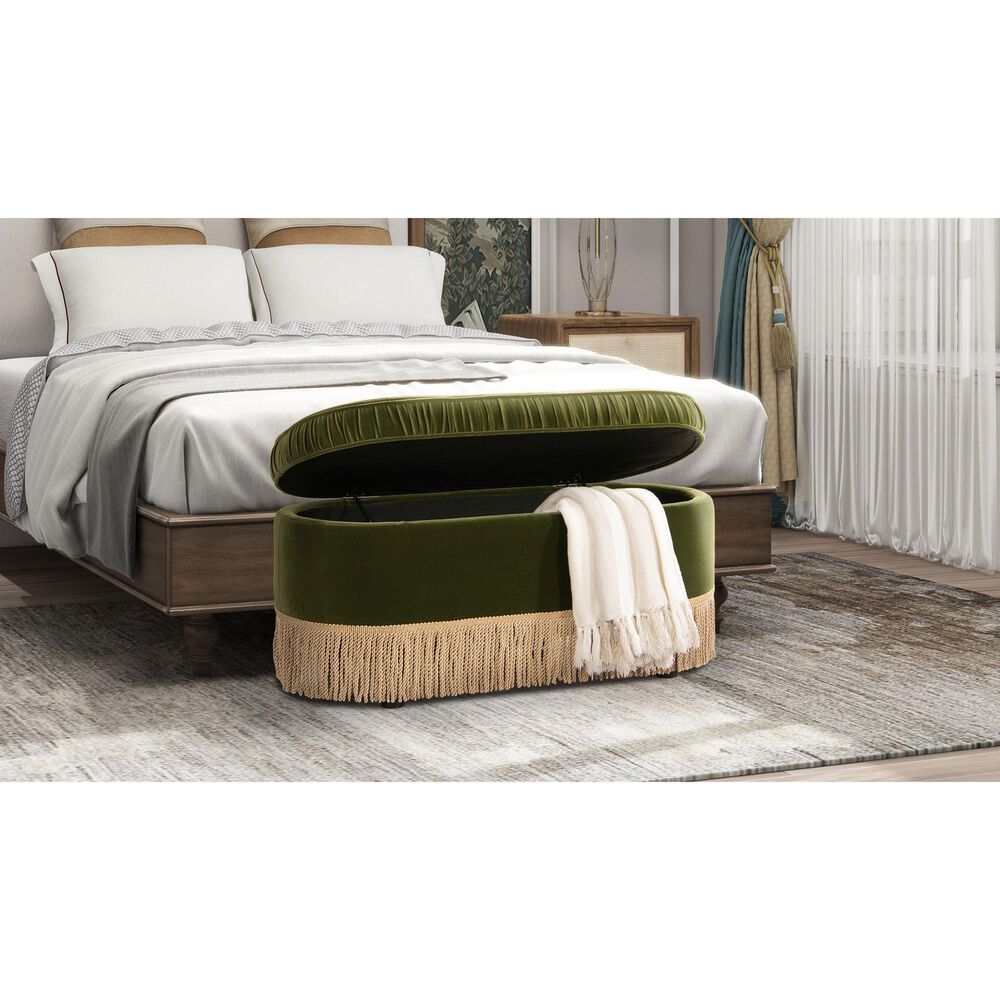 Jennifer Taylor Home Serena Storage Bench with Tufted Bullion Fringe in Olive Green, , large