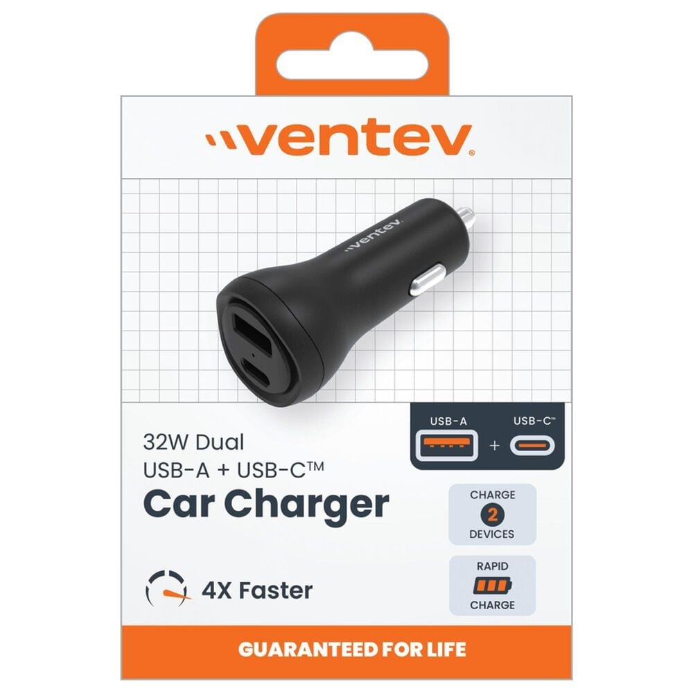 Ventev Ultrafast 32W Dual USB-C and USB-A Port Car Charger in Black, , large