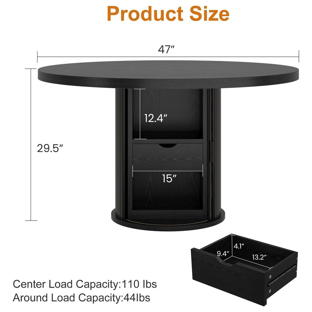 GARVEE 47" Round Dining Table with Storage Base in Black - Table Only, , large