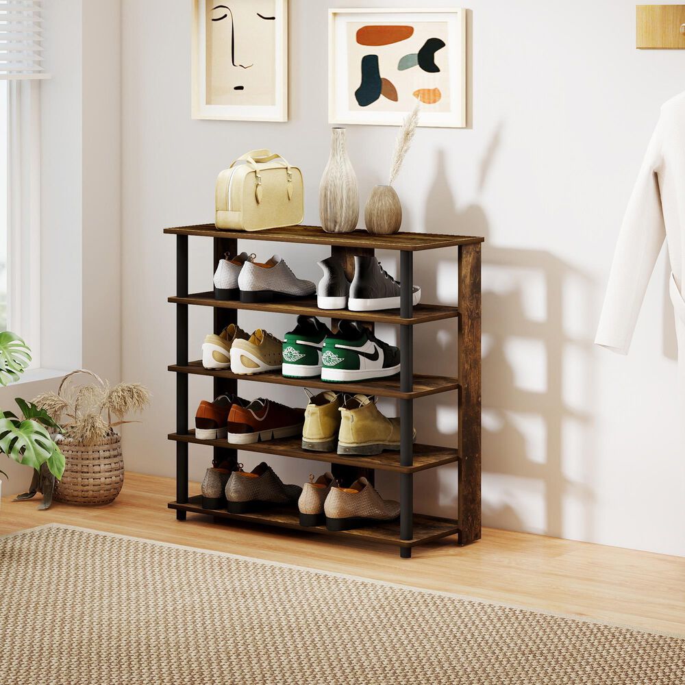 HOMLUX 5-Tier Shoe Rack in Amber Pine and Black, , large