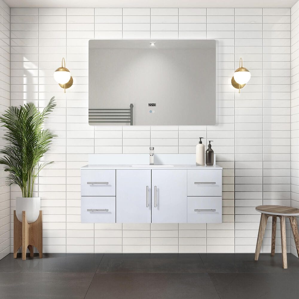 Lexora Home Geneva 48&quot; Single Bathroom Vanity in Glossy White with 2 cm White Cultured Marble Top and Rectangular Sink, , large