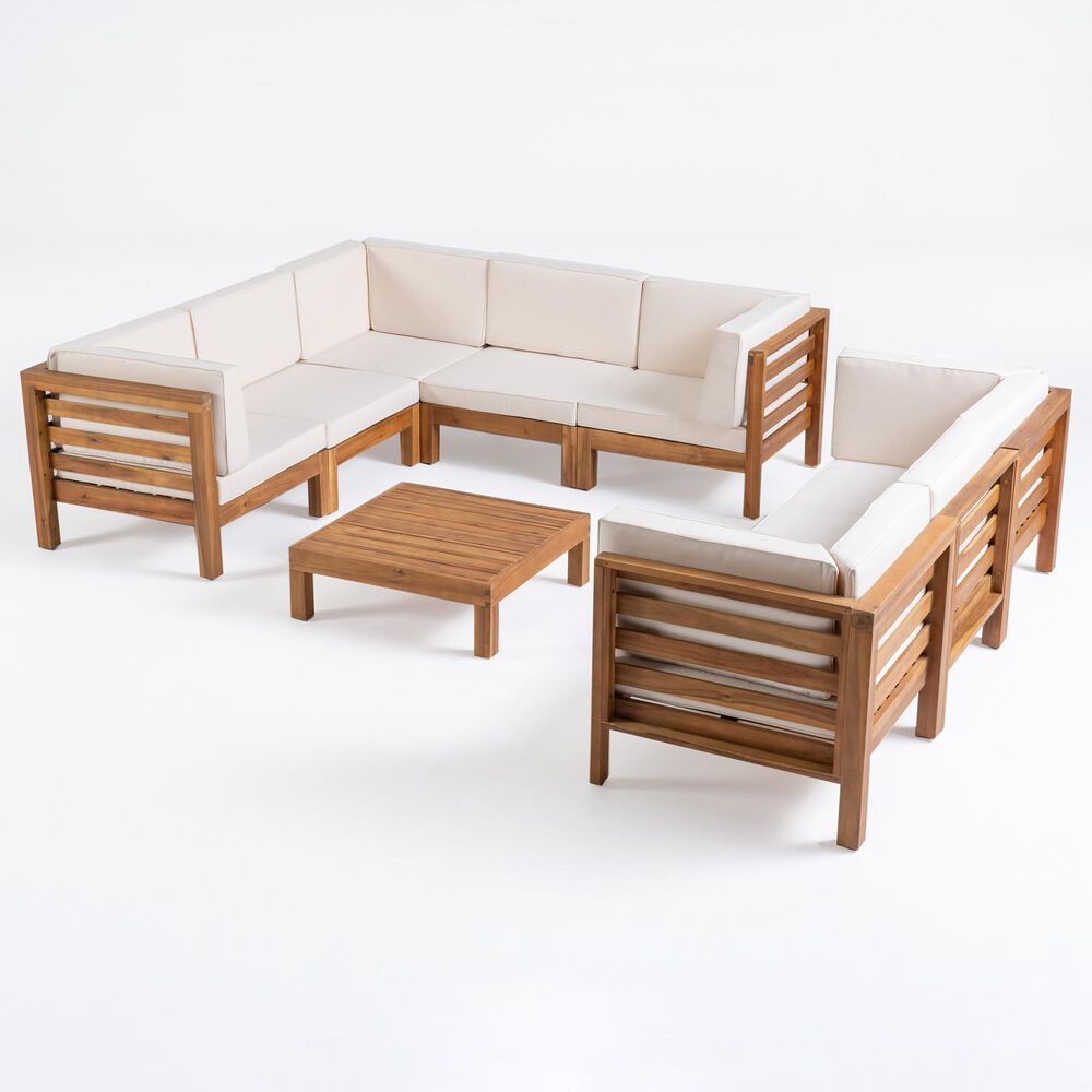 Noble House Oana 9Piece Patio Sectional Set with Beige Cushion in Teak