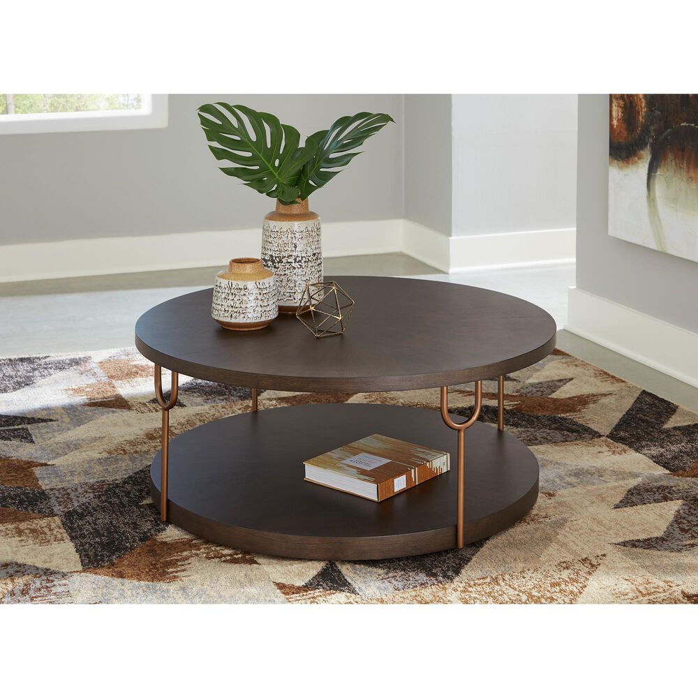 Signature Design by Ashley Brazburn Round Cocktail Table in Dark Brown and Gold, , large