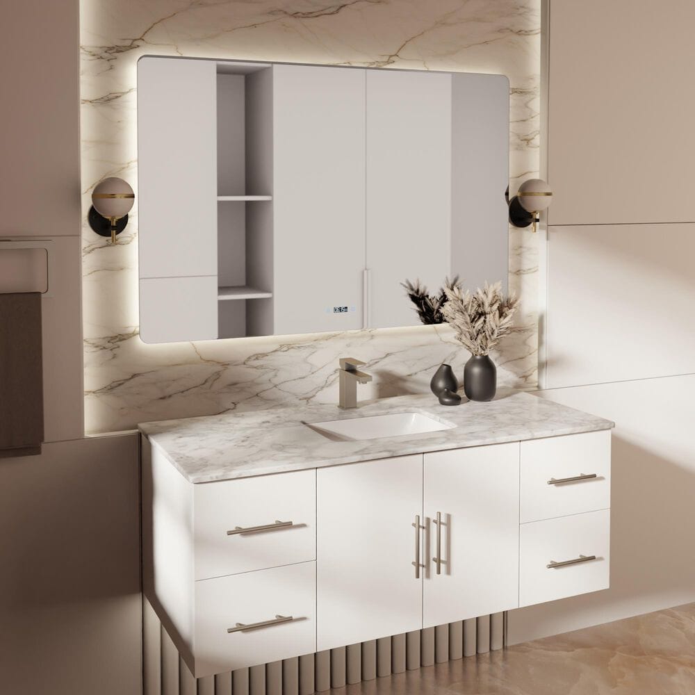 Lexora Home Geneva 48" Single Bathroom Vanity in Glossy White with 2 cm White Carrara Marble Top and Rectangular Sink, , large