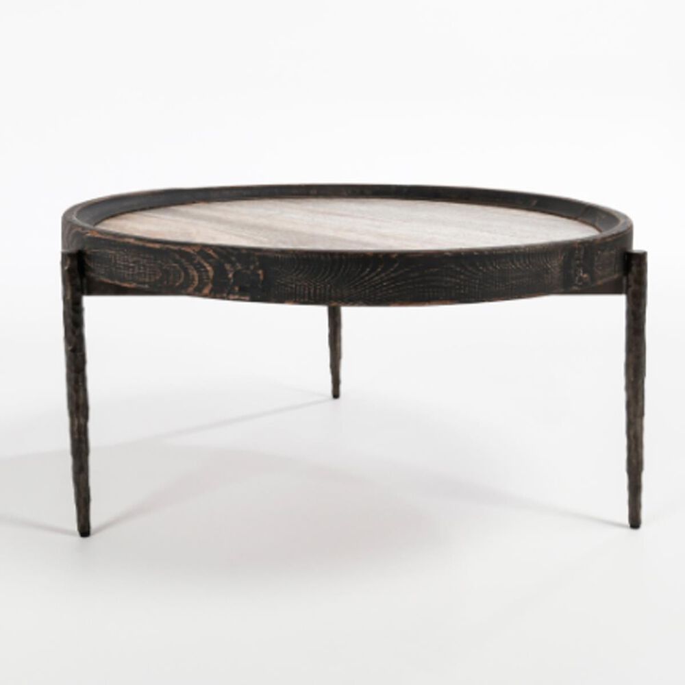 Classic Home Dakota Round Coffee Table in Black and Travertine Top, , large
