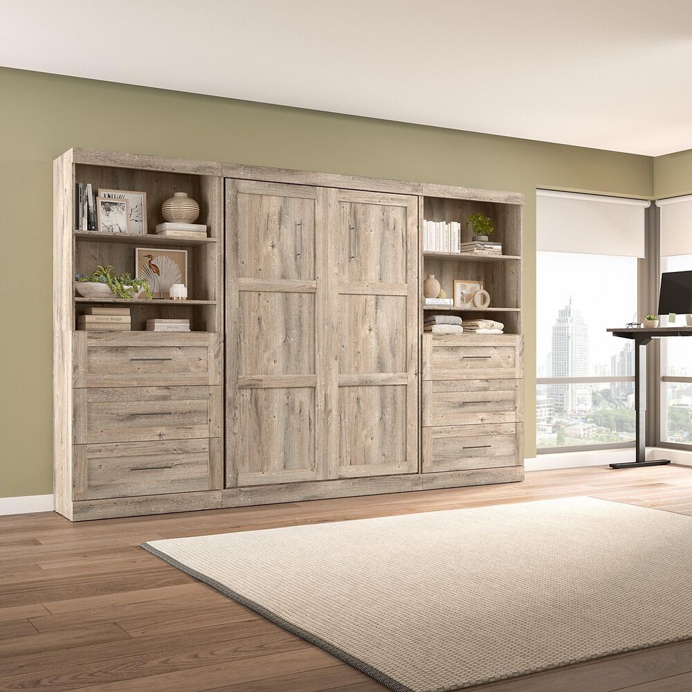Bestar Pur 130&quot; Full Murphy Storage Bed with 6-Drawer in Rustic Brown, , large