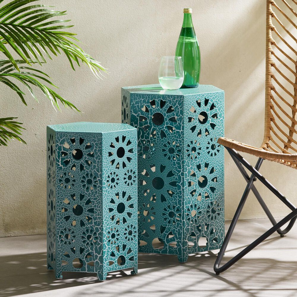 Hearth and Haven Eliana 2-Piece Outdoor Hexagon Metal Side Table Set with Sunburst Cut Out Design in Teal, , large
