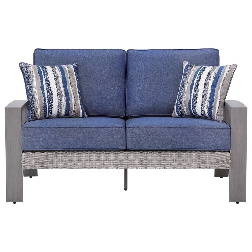 Ashley Half Moon Beach Stationary Loveseat with Blue Cushions in Gray, , large