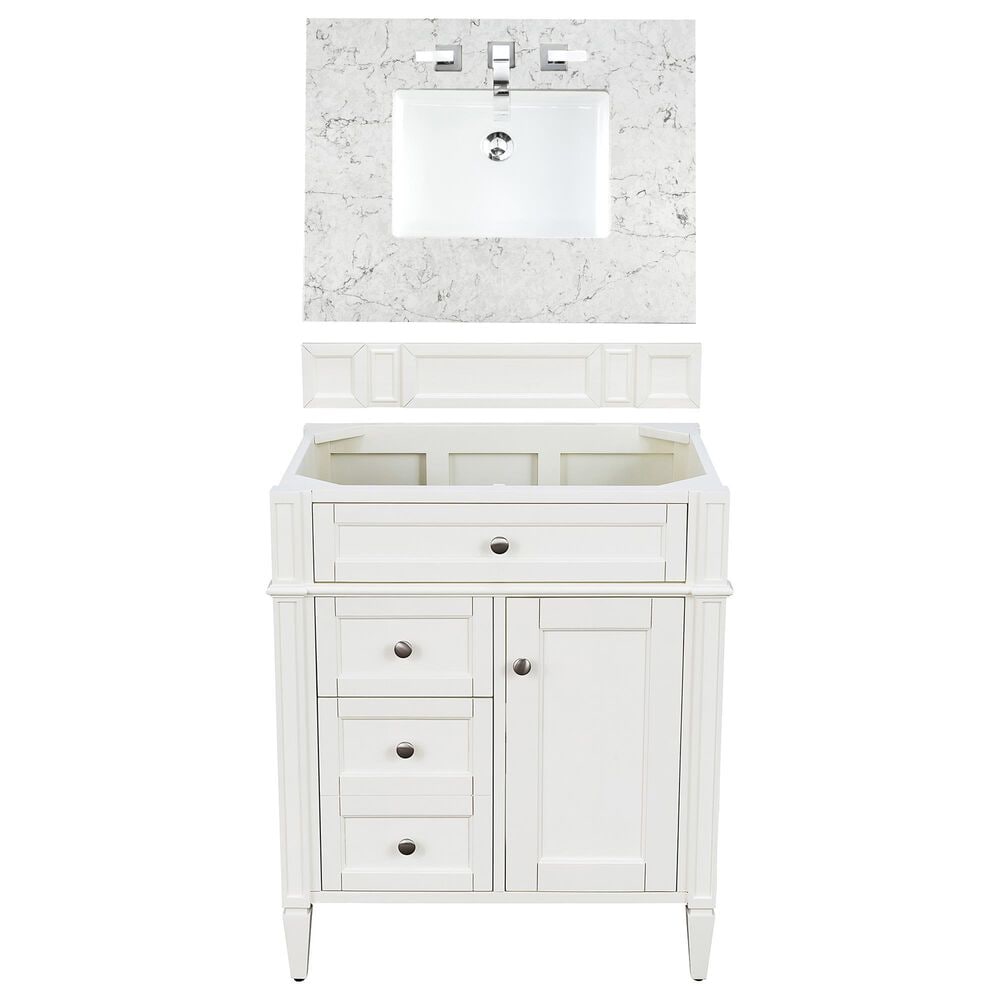 James Martin Vanities Brittany 30" Single Bathroom Vanity in Bright White with 3 cm Eternal Jasmine Pearl Quartz Top and Rectangle Sink, , large