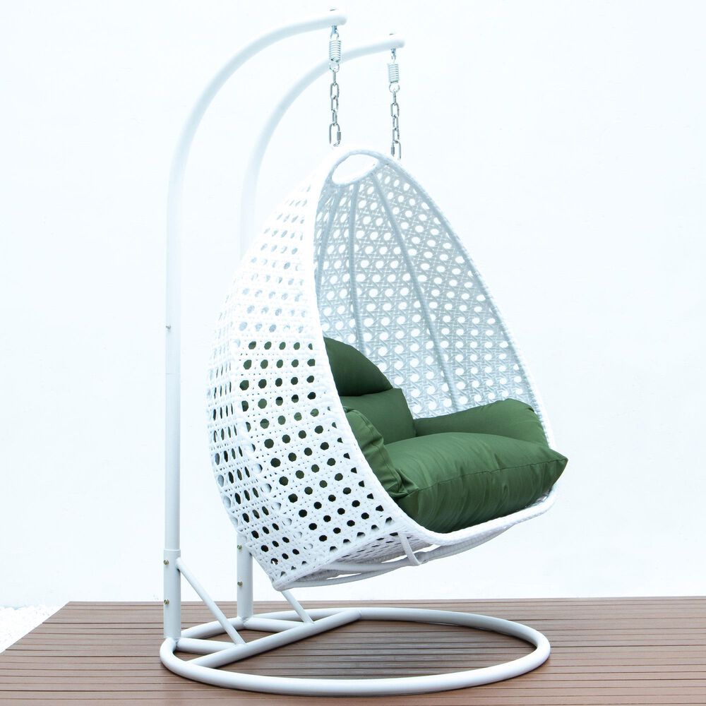 Leisuremod 2-Seat Hanging Egg Swing Chair with Dark Green Cushion in White, , large
