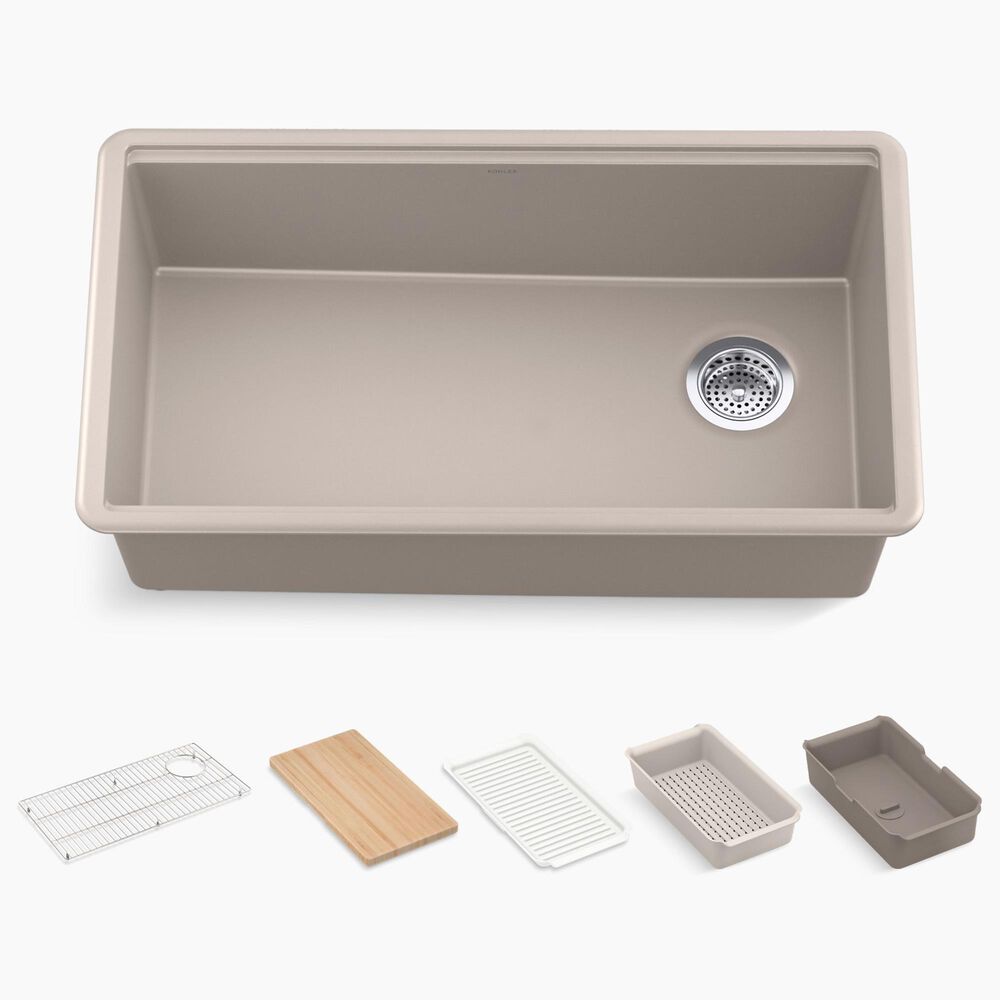 Kohler Billings 32.5" Undermount Single Bowl Workstation Kitchen Sinks in Matte Taupe, , large
