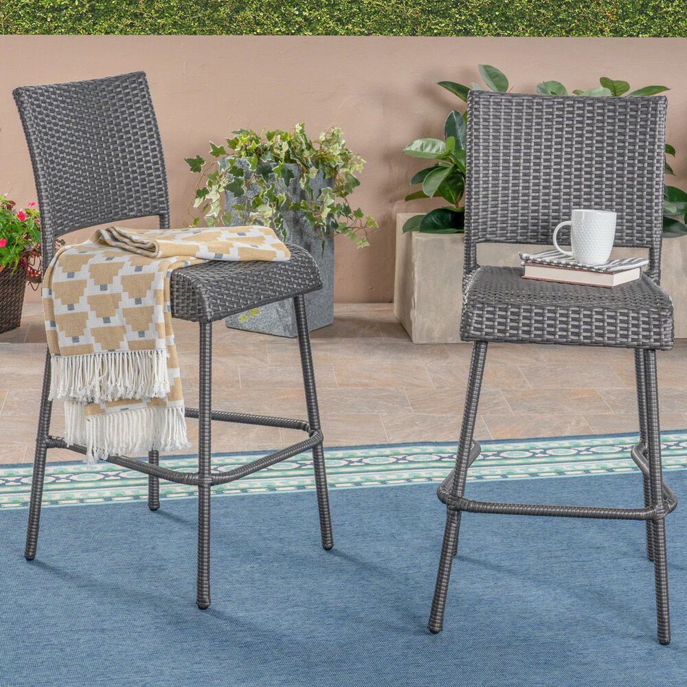 Hearth and Haven Outdoor Rattan Armless Barstool in Grey (Set of 2), , large