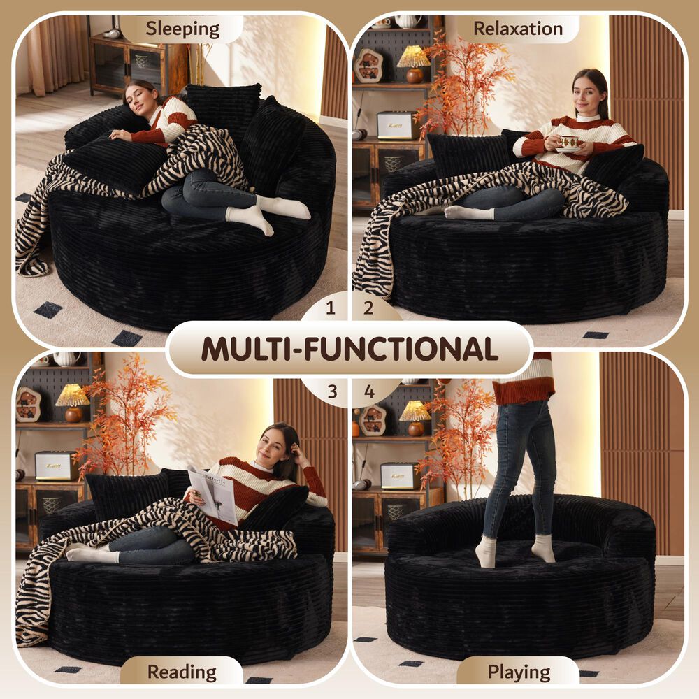 HOMLUX 59" Plush Corduroy Round Chair in Black, , large