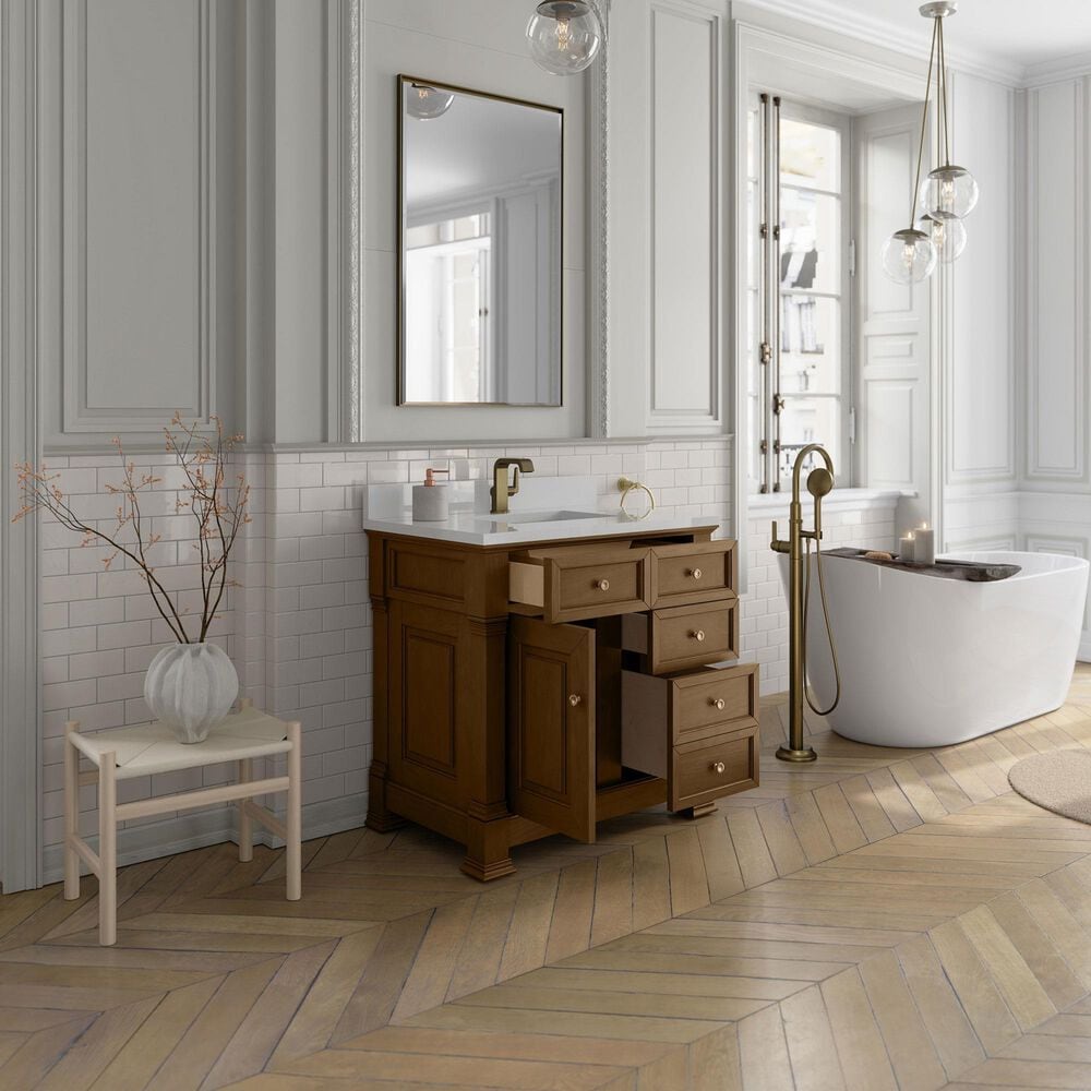 James Martin Vanities Brookfield 36&quot; Single Bathroom Vanity in Honey Oak with Single Hole 3 cm White Zeus Quartz Top and Rectangular Sink, , large