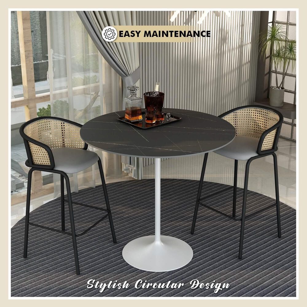 Leisuremod LeisureMod Verve Collection Modern Bar Height Table White Base with 48 Round Black Marbelized Sintered Stone Top, , large