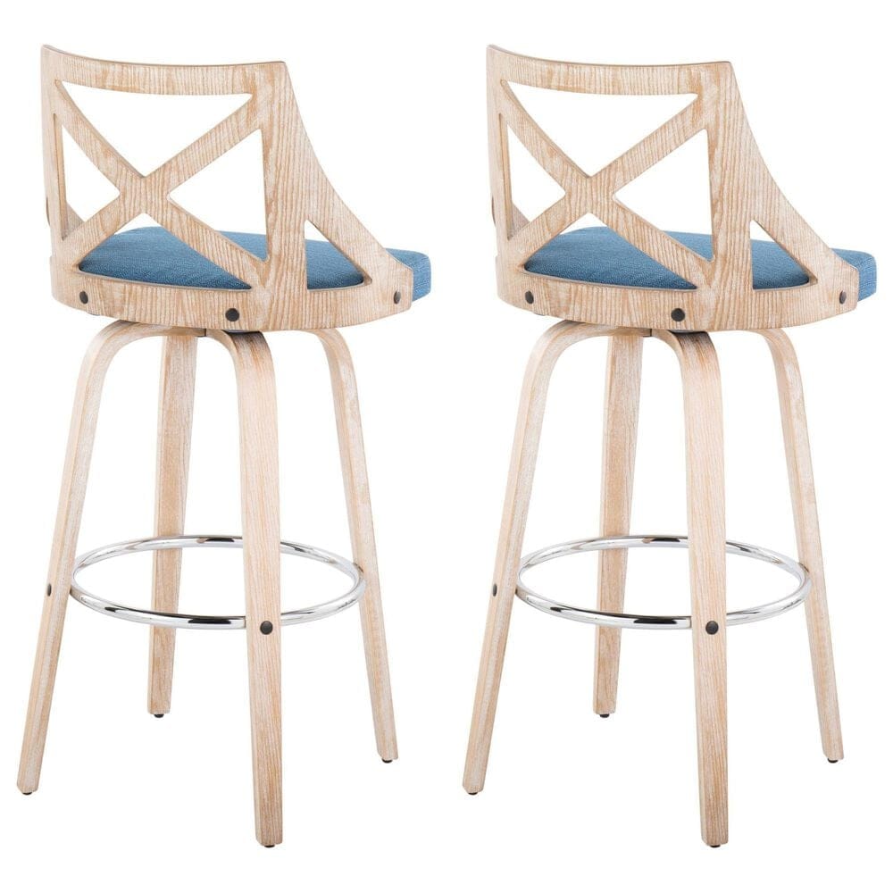LumiSource Charlotte Swivel Bar Stool with Blue Fabric Upholstery in Whitewashed and Chrome (Set of 2), , large
