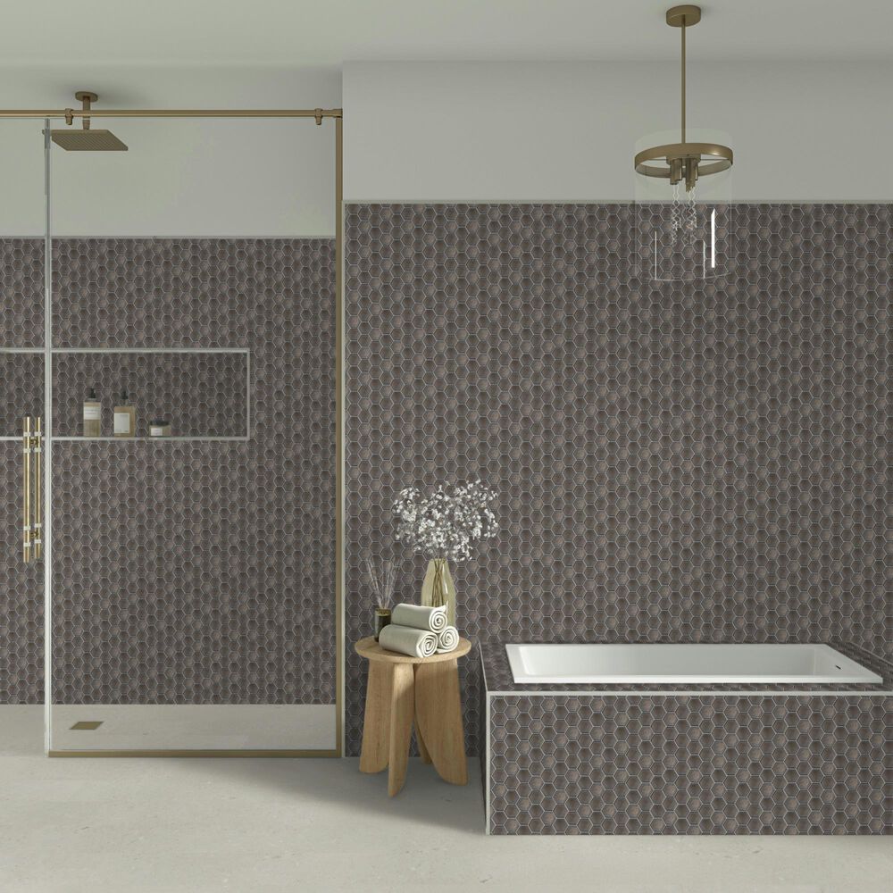 Dal-Tile Artefino Jewel Antiqued Brass 2.5" Framed Hexagon on 12" x 14" Porcelain Mosaic Sheet, , large