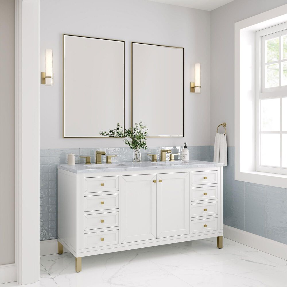 James Martin Vanities Chicago 60&quot; Double Bathroom Vanity in Glossy White with 3 cm Carrara White Marble Top and Rectangular Sinks, , large