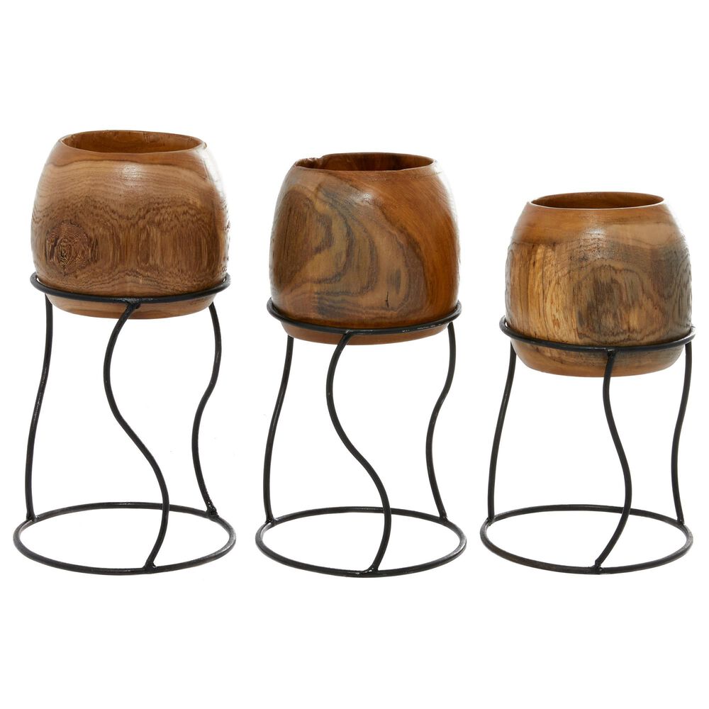 Maple and Jade Rustic Wood Vase with Iron Stand in Brown and Black &#40;Set of 3&#41;, , large