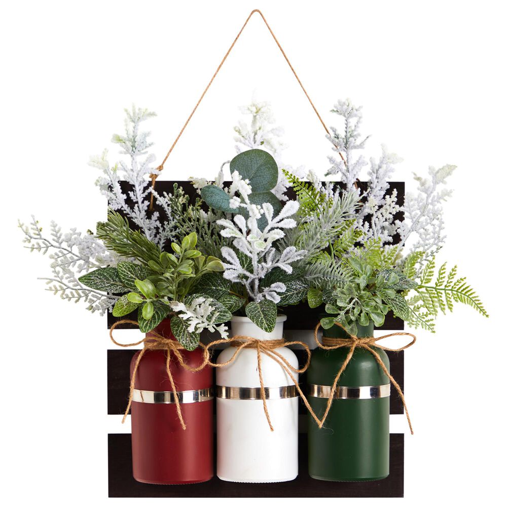 Nearly Natural Inc 17in. Holiday Assorted Christmas Pine Hanging Three Piece Mason Jar Artificial Arrangement Wall Art Decor, , large