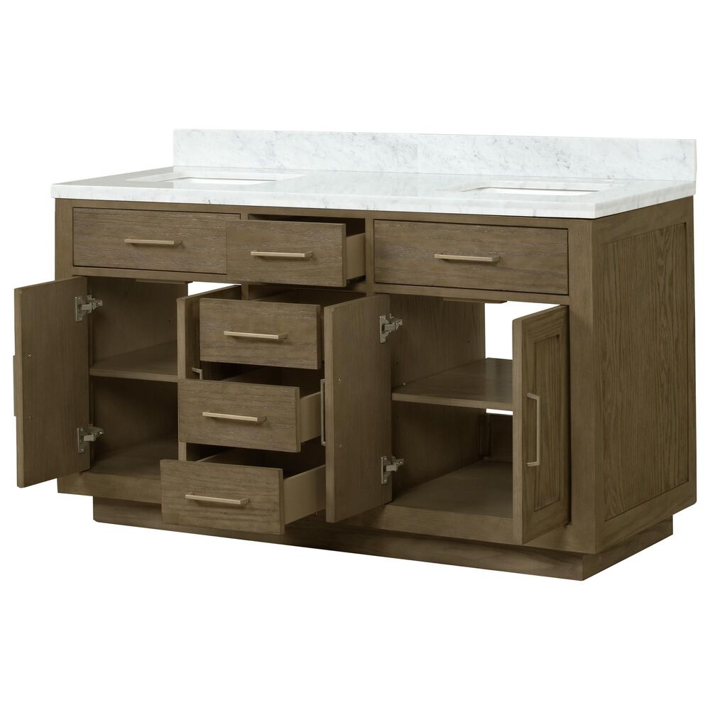 Lexora Home Abbey 60&quot; Double Bathroom Vanity in Grey Oak with 2 cm White Carrara Marble Top and Rectangular Sinks, , large
