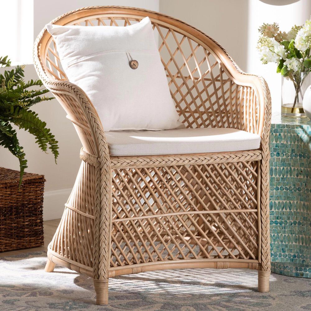 Baxton Studio Casilda Arm Chair with Natural Rattan in White, , large
