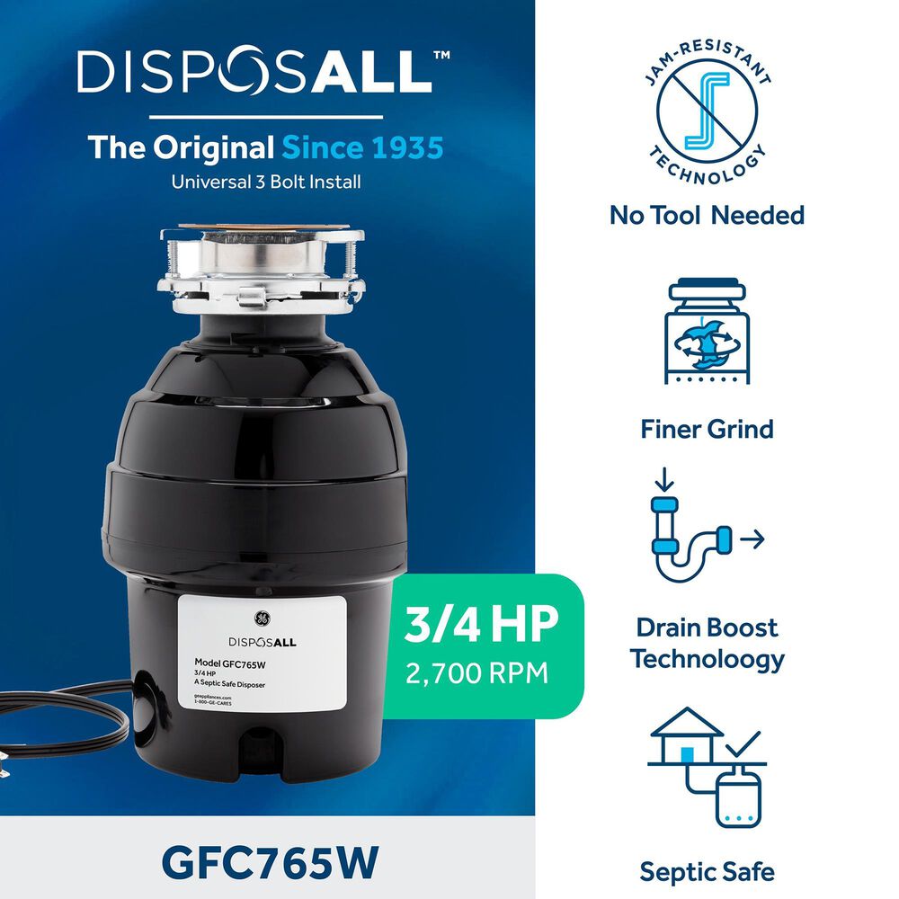 GE Appliances 3/4 HP Continuous Feed Corded Garbage Disposal in Black, , large