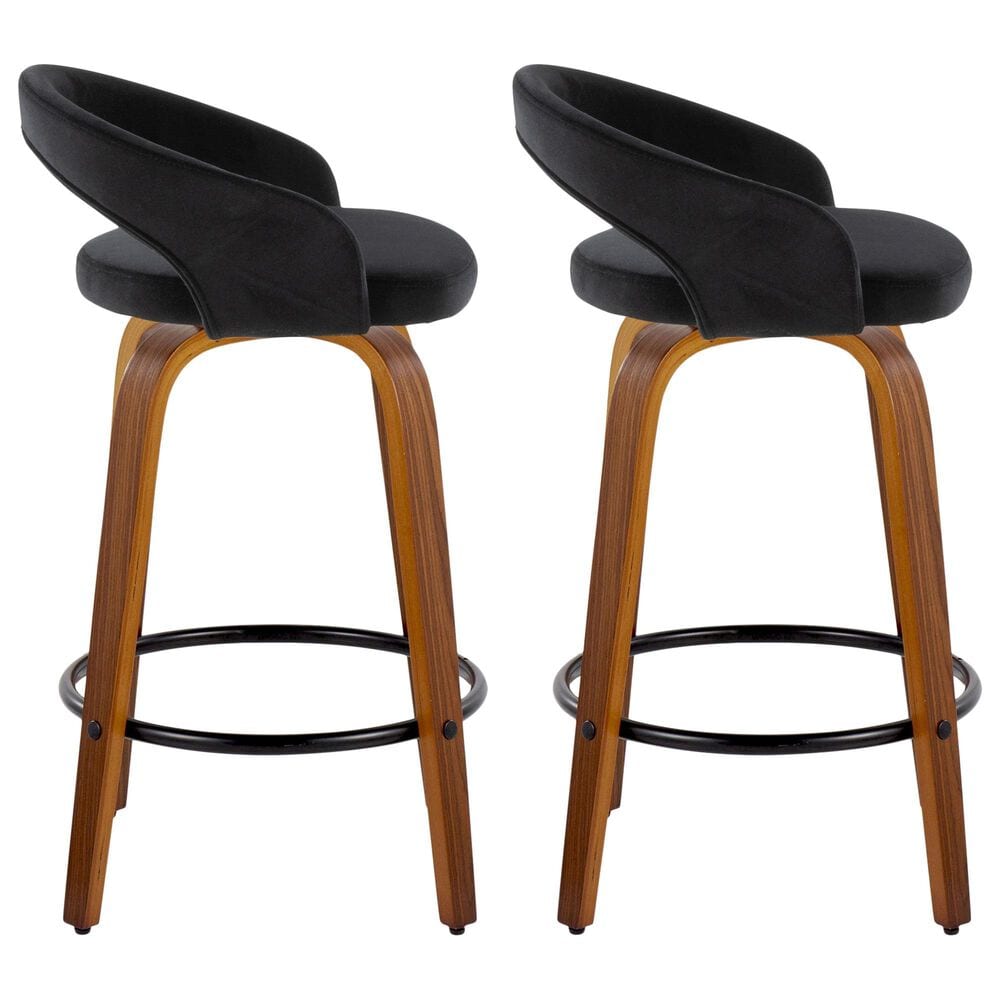 LumiSource Grotto Swivel Counter Stool with Black Velvet Upholstery in Walnut Wood and Black (Set of 2), , large