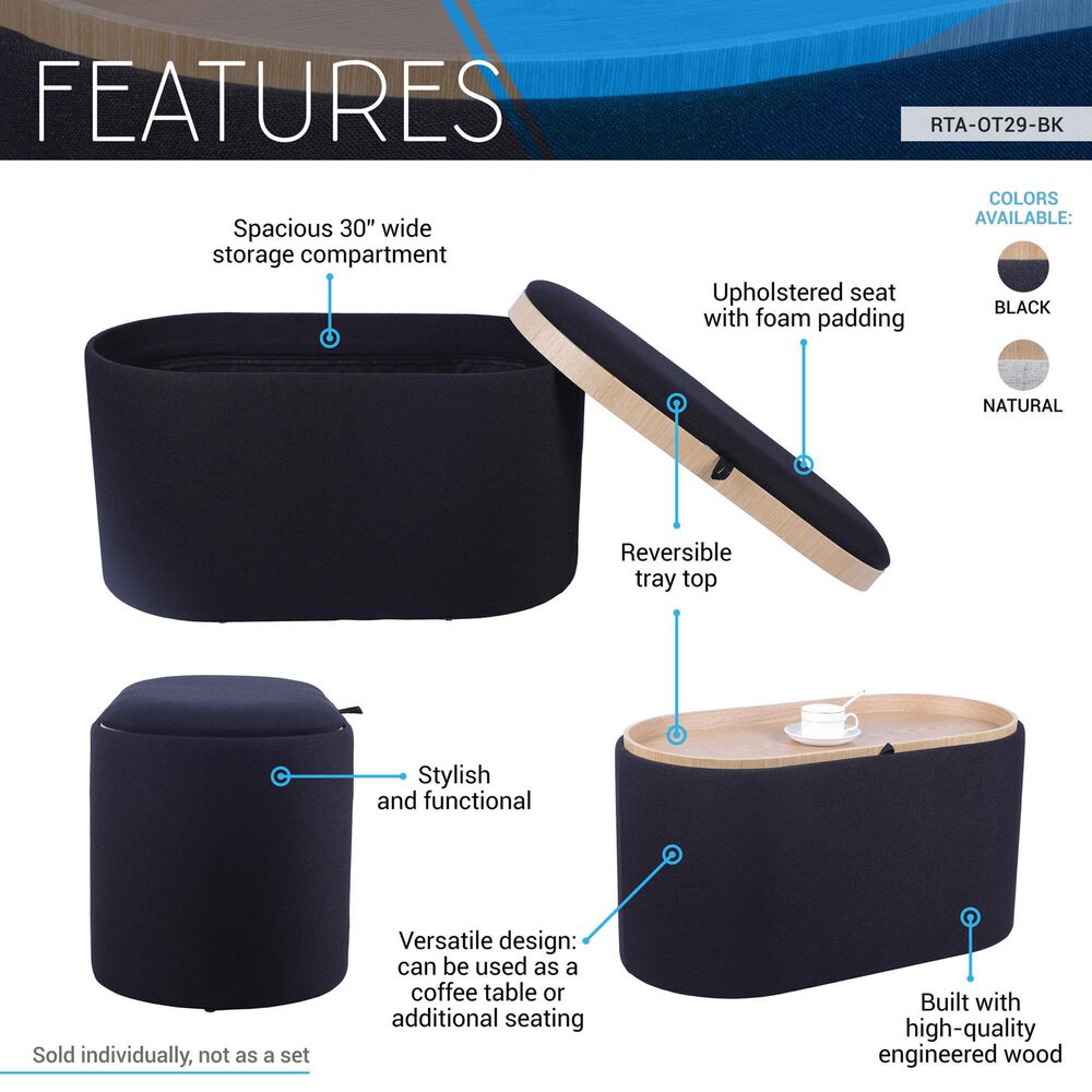 Rta Products Storage Ottoman with Reversible Tray Top in Black, , large