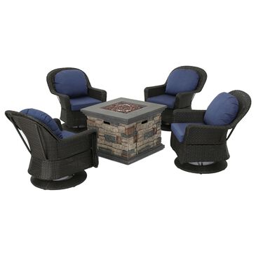 Noble House Bartlet 5-Piece Patio Swivel Chat Set with Navy Blue Cushion in Brown Stone, , large