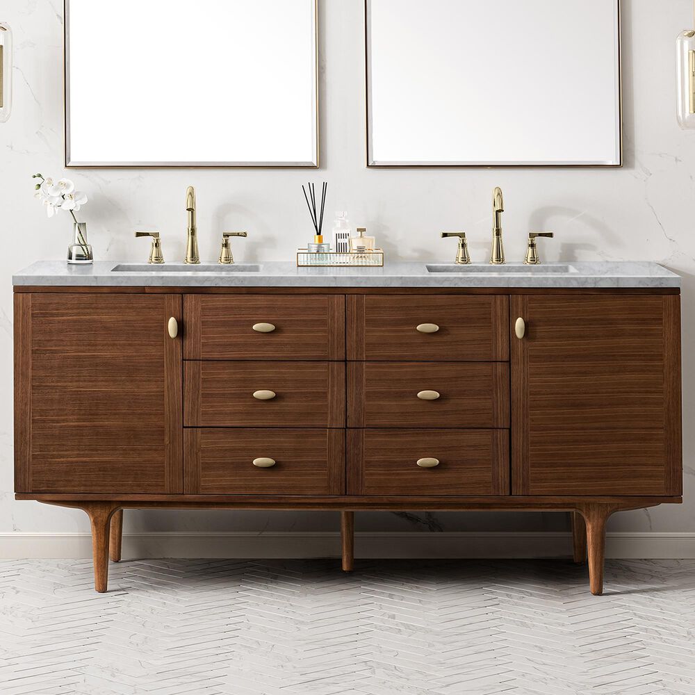 James Martin Vanities Amberly 72&quot; Double Bathroom Vanity in Walnut with 3 cm Carrara White Marble Top and Rectangular Sinks, , large