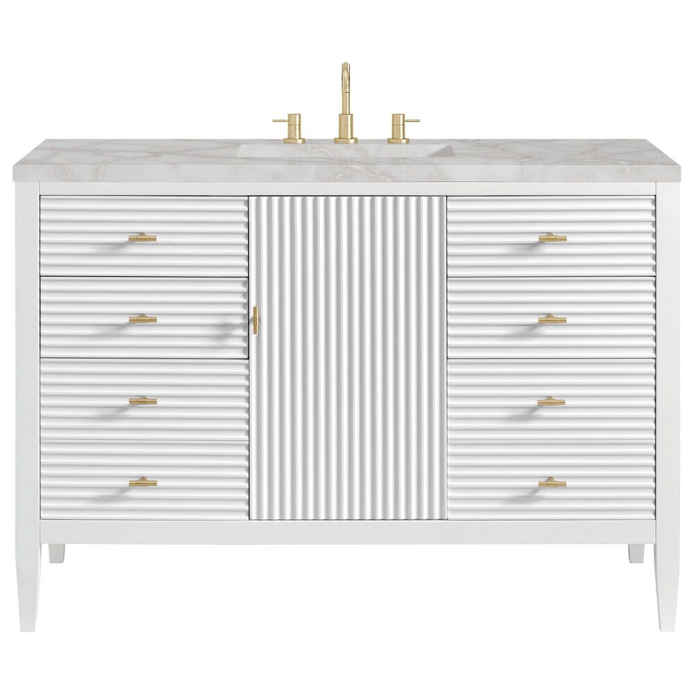 James Martin Vanities Myrrin 48" Single Bathroom Vanity in Bright White with 3 cm Eternal Jasmine Pearl Silestone Top, Rectangular Sink and FreePower Wireless Charger, , large