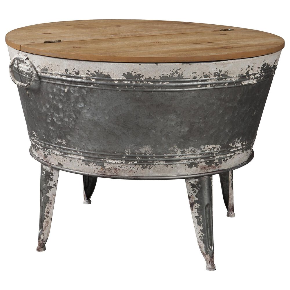Ashley Shellmond Accent Cocktail Table in Antiqued Galvanized and Light Brown, , large