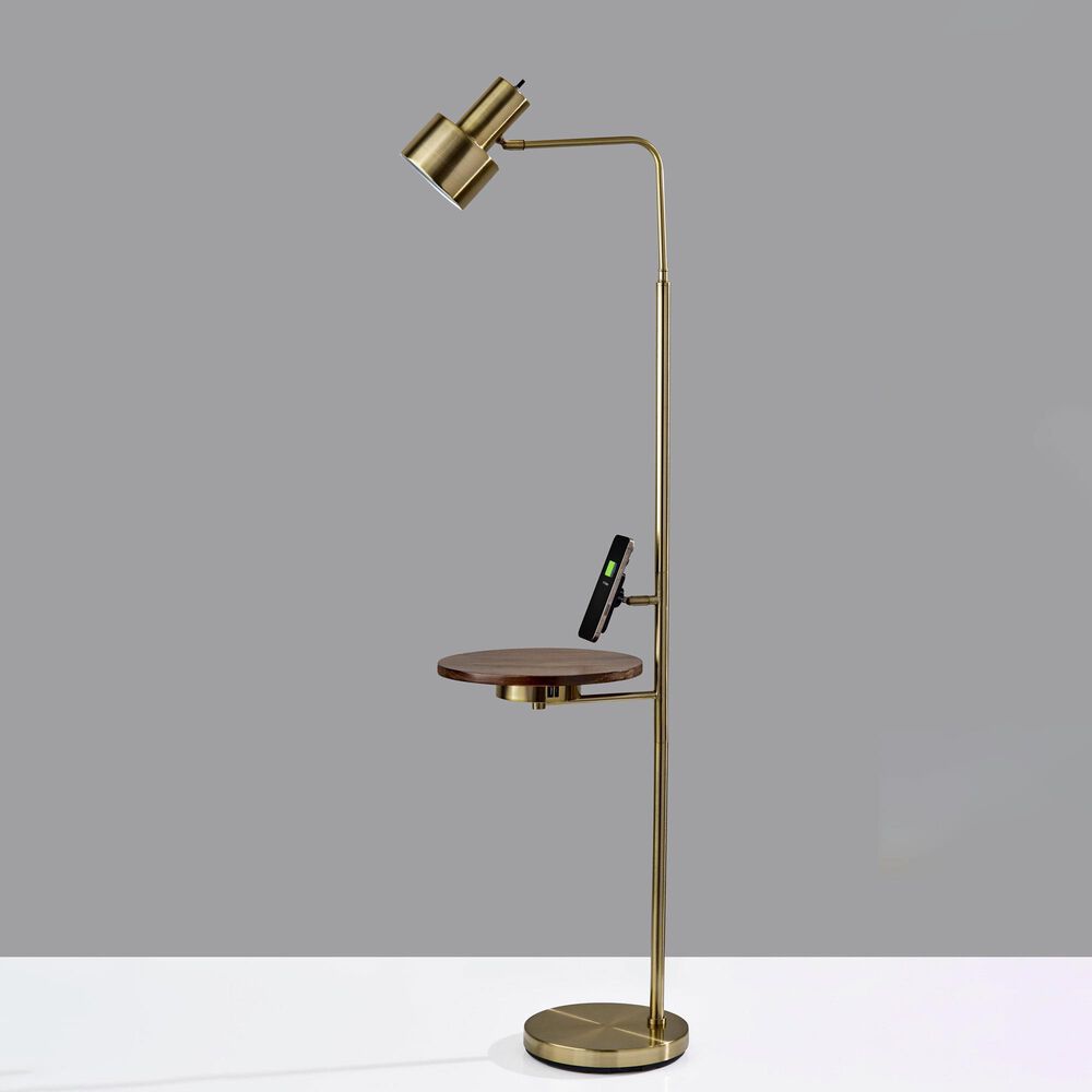 Adesso Wyatt Floor Lamp with Shelf and Wireless Charging in Antique Brass, , large