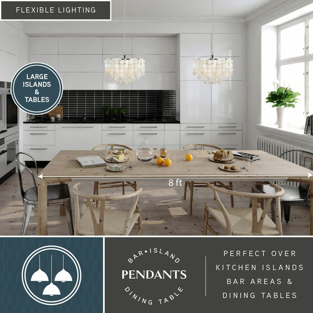 Vaxcel Lighting Elsa 3-Light Coastal Capiz Shell Waterfall Pendant in Satin Nickel, , large