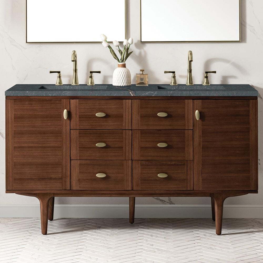 James Martin Vanities Amberly 60&quot; Double Bathroom Vanity in Mid-Century Walnut with 3 cm Parisien Bleu Quartz Top and Rectangular Sinks, , large