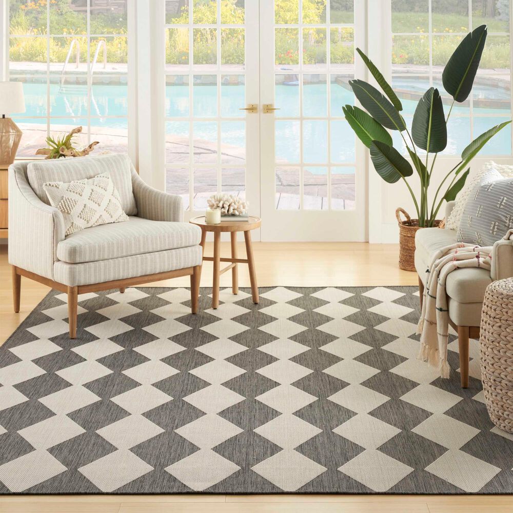 Nourison Positano Geometric Charcoal 7&#39; x 10&#39; Indoor/Outdoor Area Rug, , large