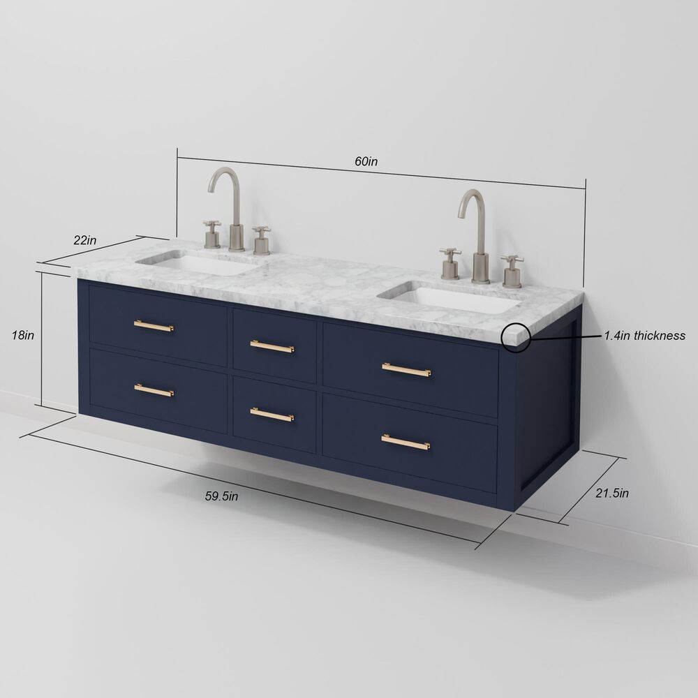 Lexora Home Castor 60" Double Bathroom Vanity in Blue with 2 cm White Carrara Marble Top and Rectangular Sinks, , large