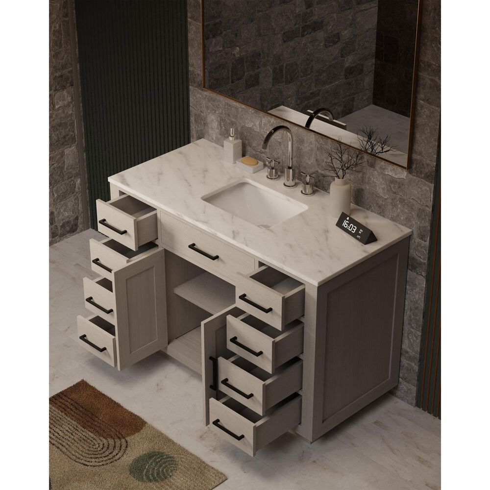 Lexora Home Abbey 48" Single Bathroom Vanity in White Oak with 2 cm White Carrara Marble Top and Rectangular Sink, , large