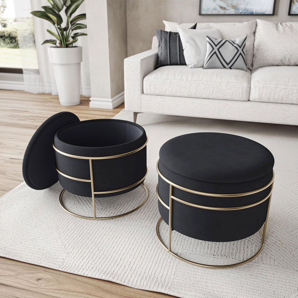 Rta Products Elegant Storage Ottoman with Gold Frame in Black, , large