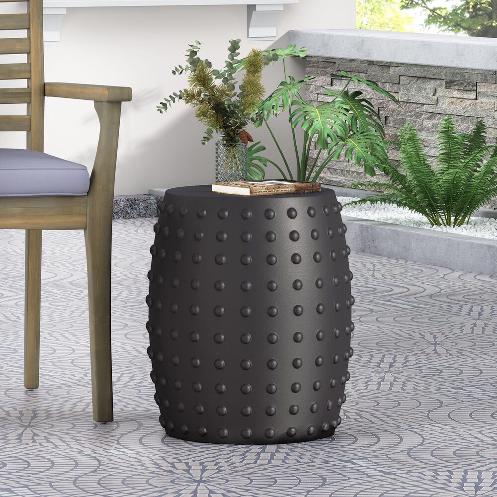 Hearth and Haven Outdoor Barrel Side Table with Studded Texture Design in Matte Black, , large