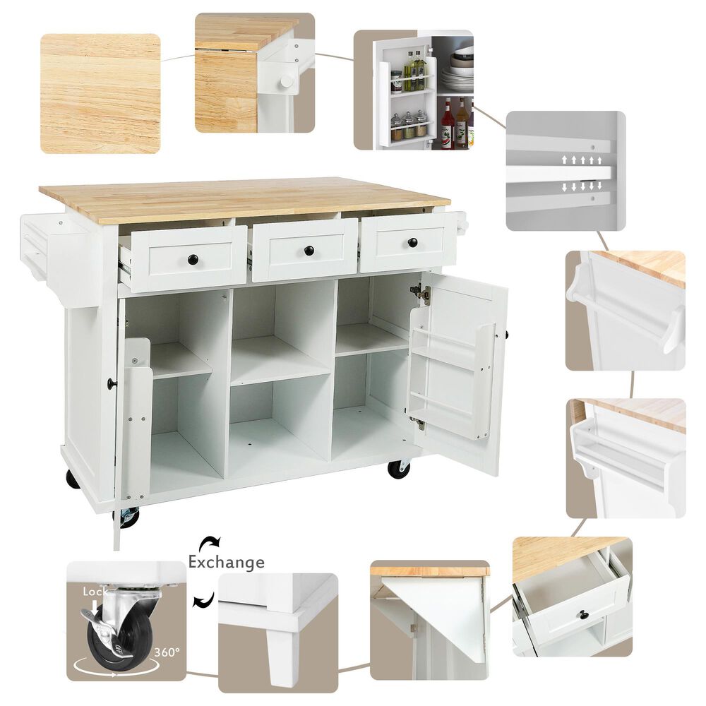 HOMLUX 53" Kitchen Island with Drop-Leaf in White, , large