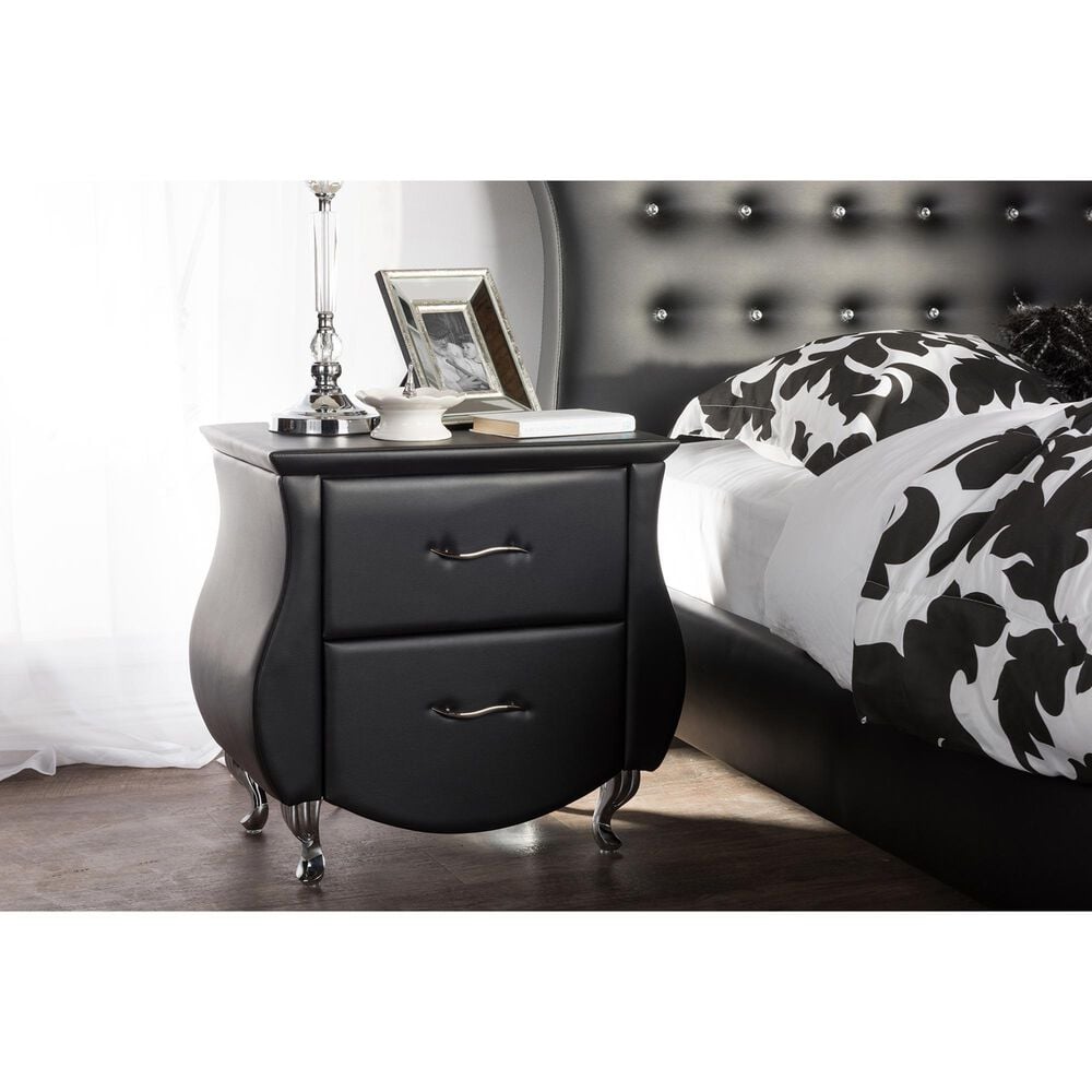 Baxton Studio Erin 2-Drawer Nightstand with Black Faux Leather Upholstery in Chrome, , large