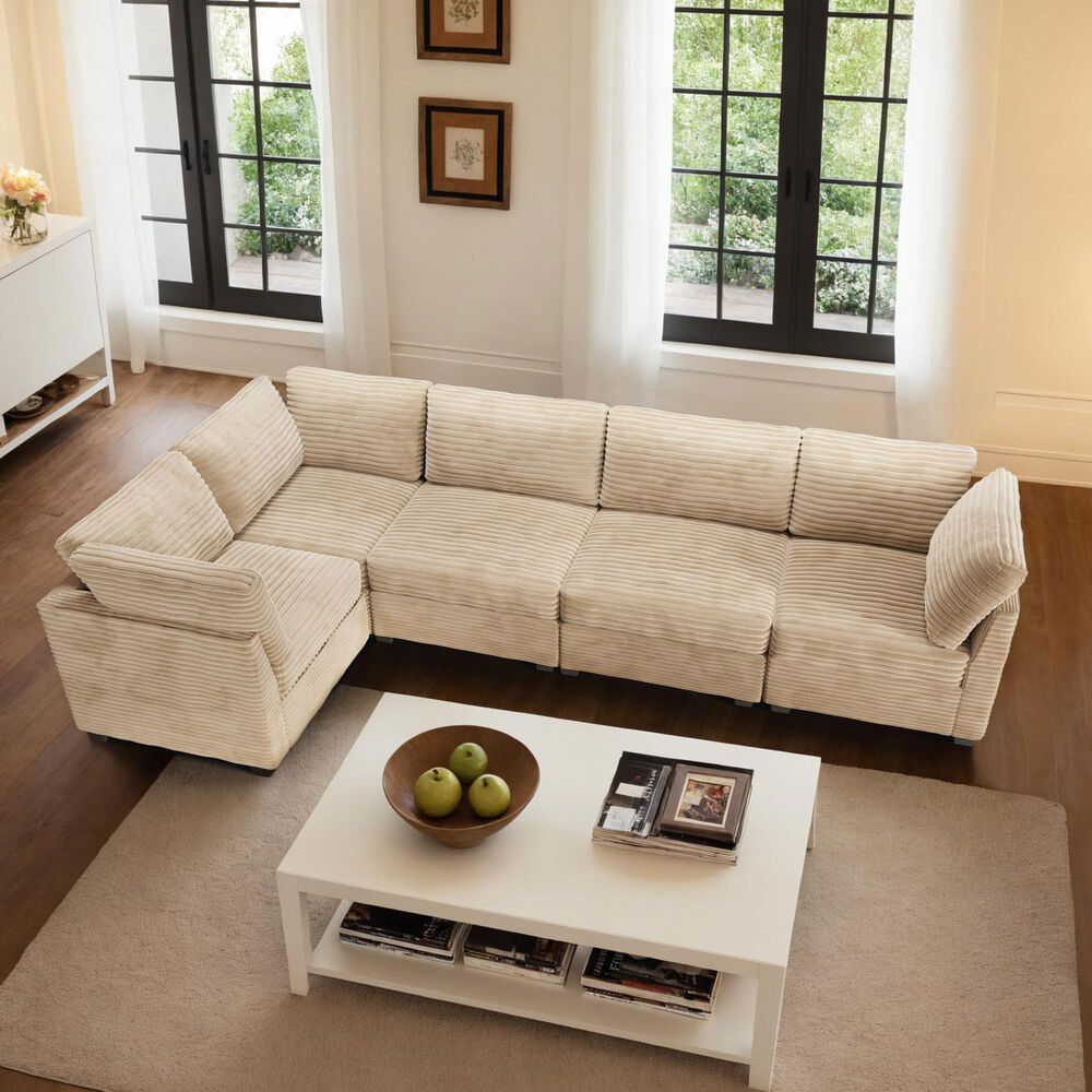 HOMLUX 5-Piece Mod Sectional with Chaise in Beige, , large