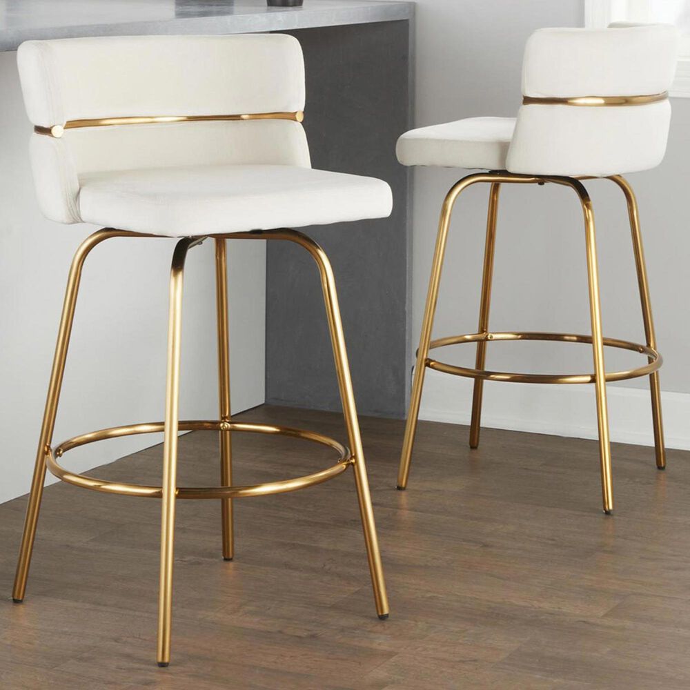 LumiSource Cinch 26" Swivel Counter Stool with Cream Upholstery in Gold (Set of 2), , large