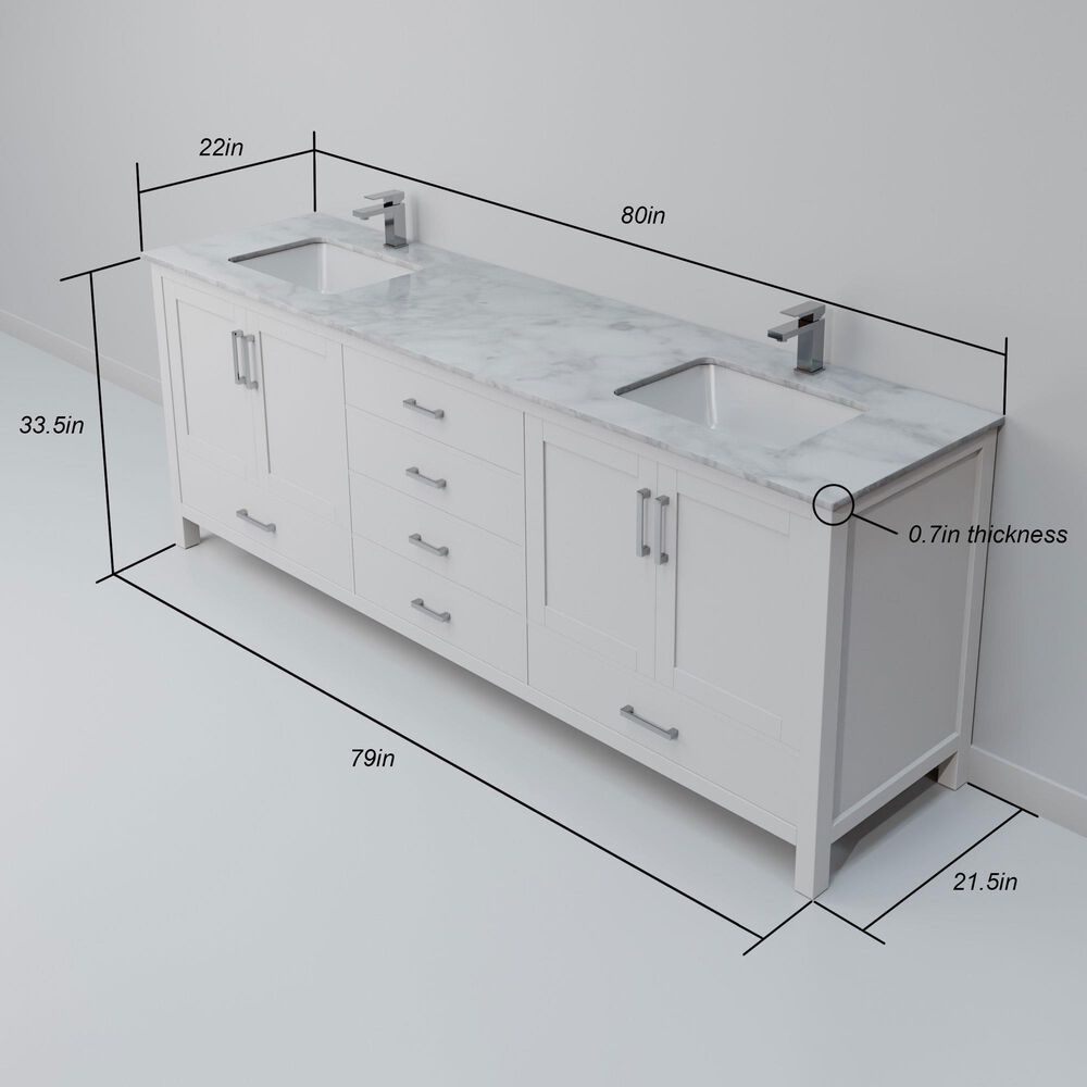 Lexora Home Jacques 80" Double Bathroom Vanity in White with 2 cm White Carrara Marble Top and Rectangular Sinks, , large