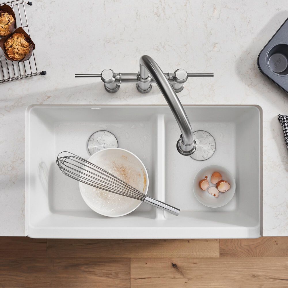 Blanco Ikon 33&quot; Apron Double Bowl Farmhouse Sink with Low Divide in White, , large